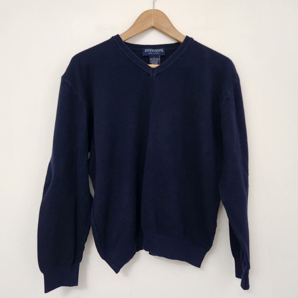 HATHAWAY PLATINUM Men's Navy Blue V-Neck Pima Cotton Sweater Size L Fits M